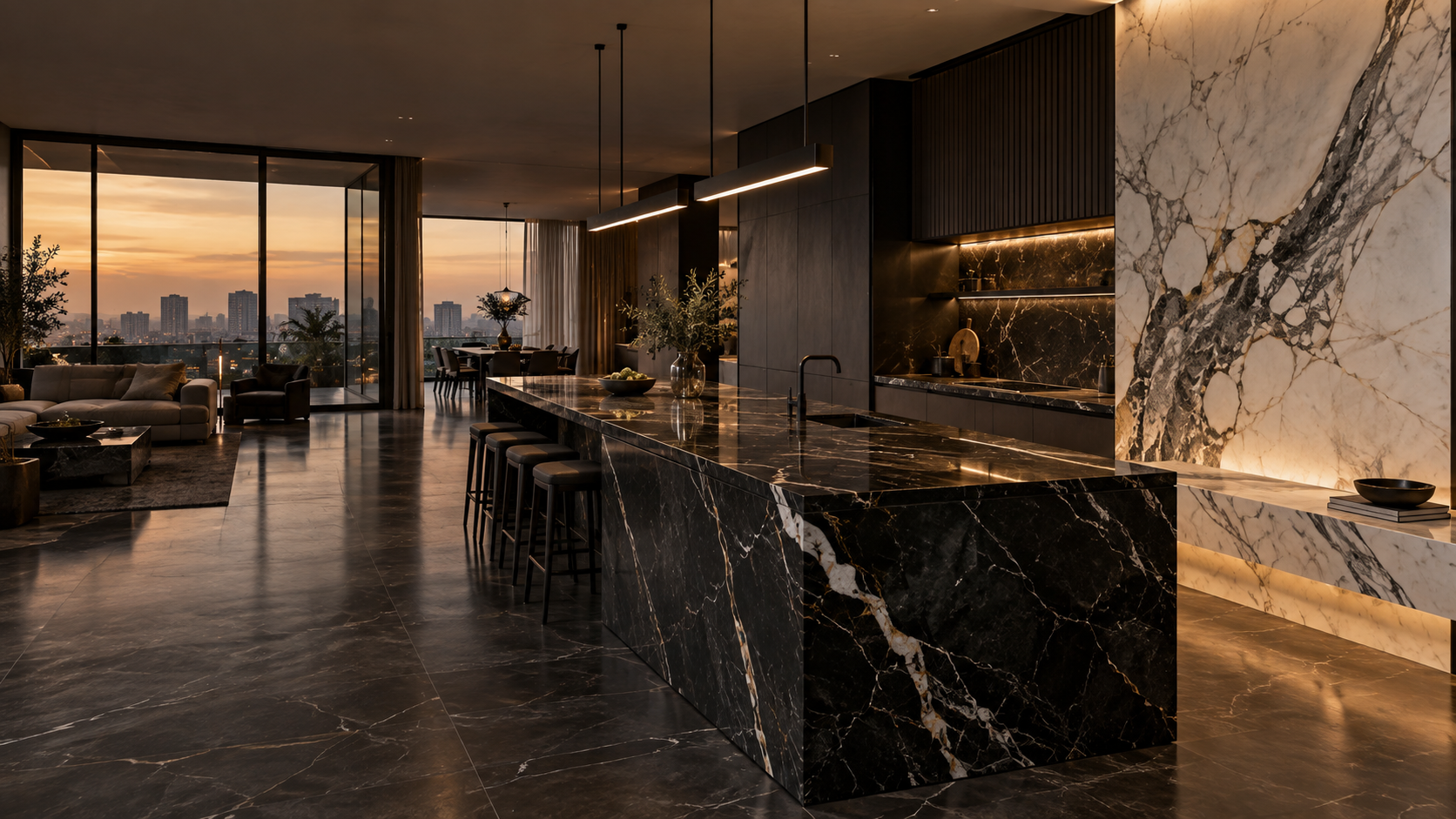 Precision-fabricated black and white marble interior