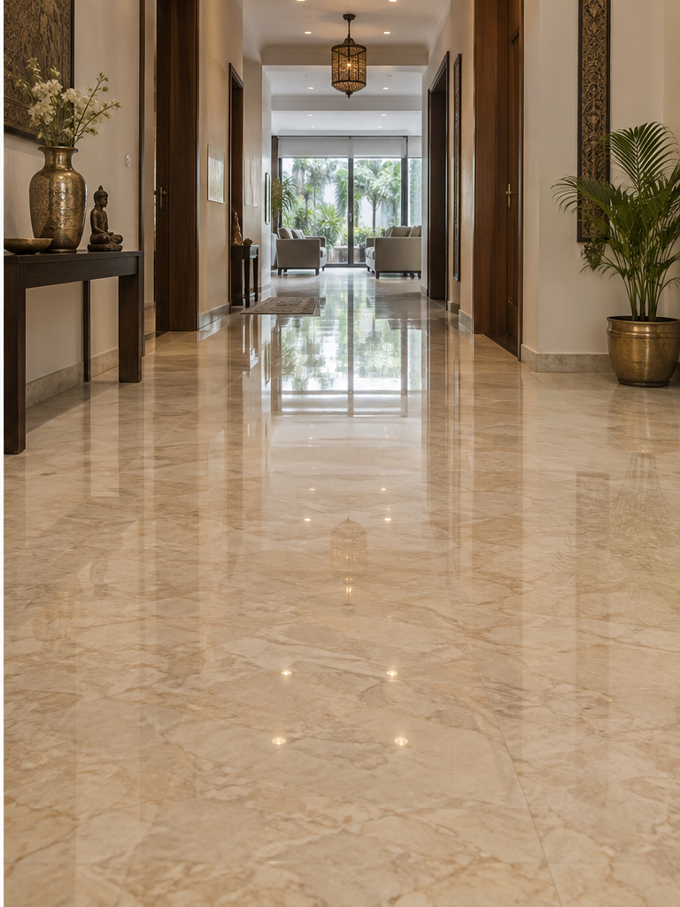 Restored reflective marble floor after polishing